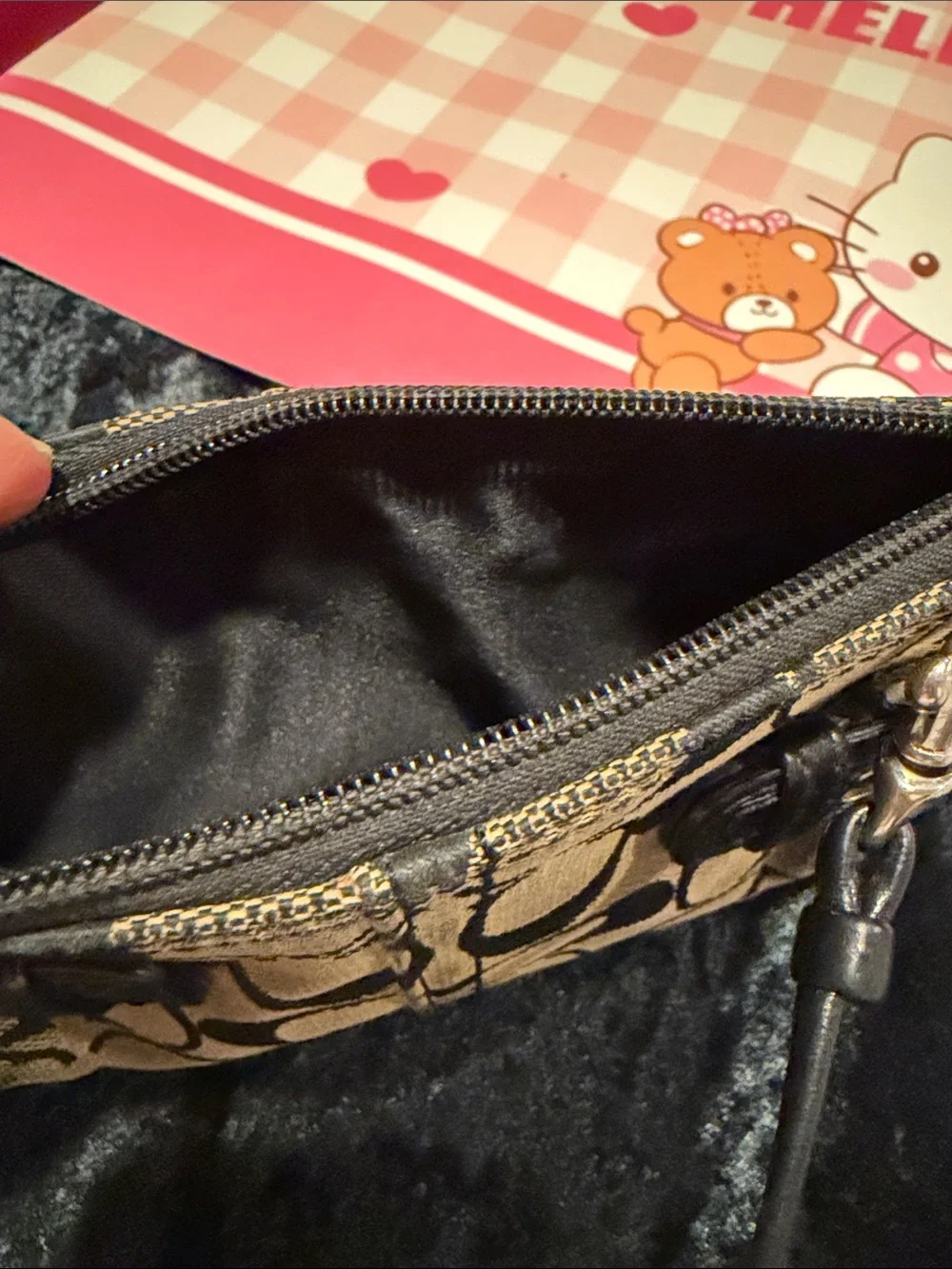 Coach Black & Tan Signature Canvas Wristlet with Buckle Accents